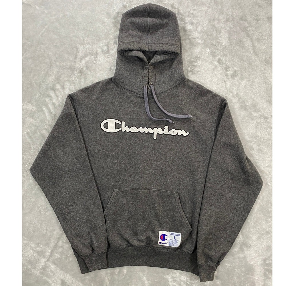 Champion Authentic Pullover Hoodie Mens Large Gray Script Logo Sweatshirt L